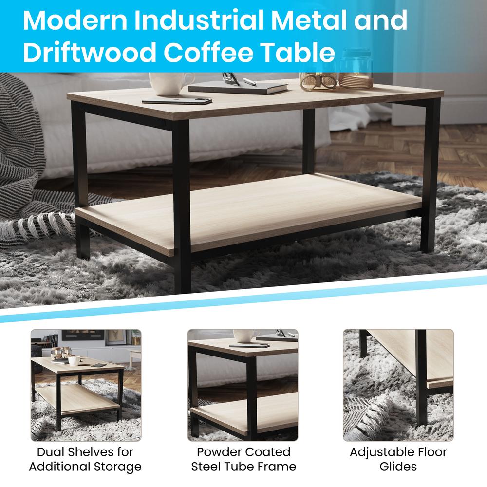 Modern Industrial 2 Tier Rectangular Metal and Driftwood Coffee Table. Picture 4