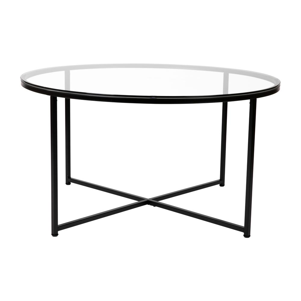 Coffee Table - Modern Clear Glass Accent Table with Crisscross Matte Black Frame. Picture 1