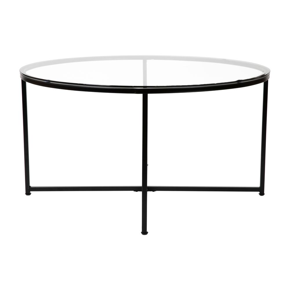 Coffee Table - Modern Clear Glass Accent Table with Crisscross Matte Black Frame. Picture 8