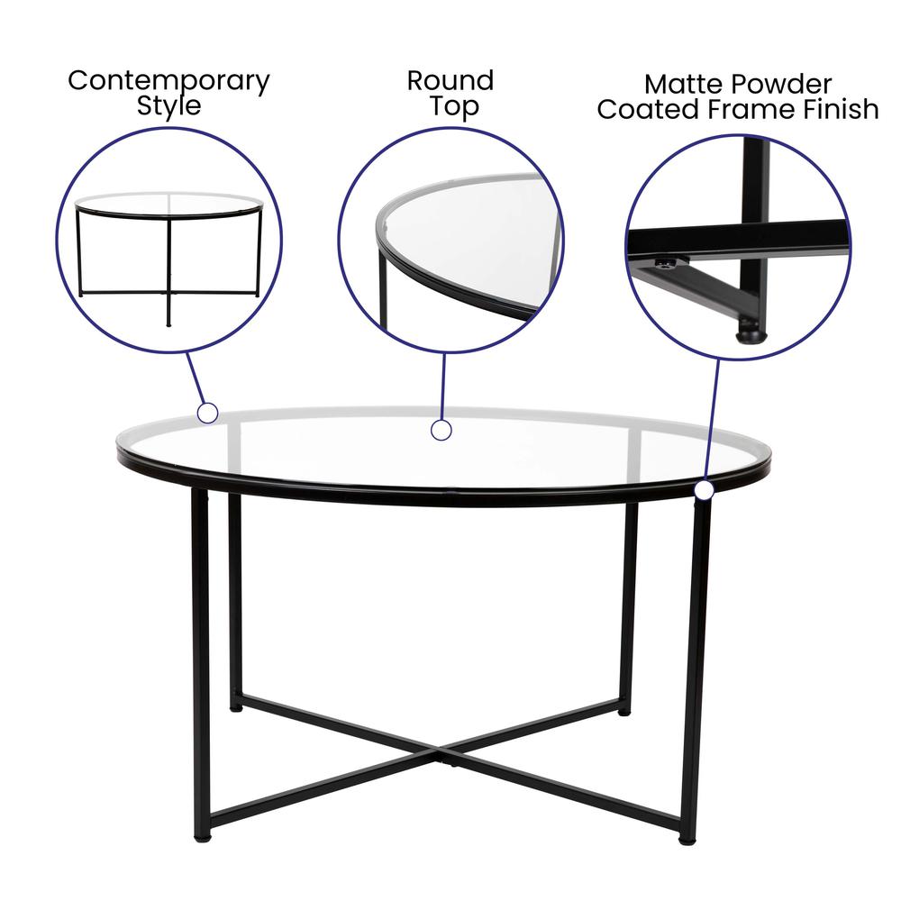 Coffee Table - Modern Clear Glass Accent Table with Crisscross Matte Black Frame. Picture 5