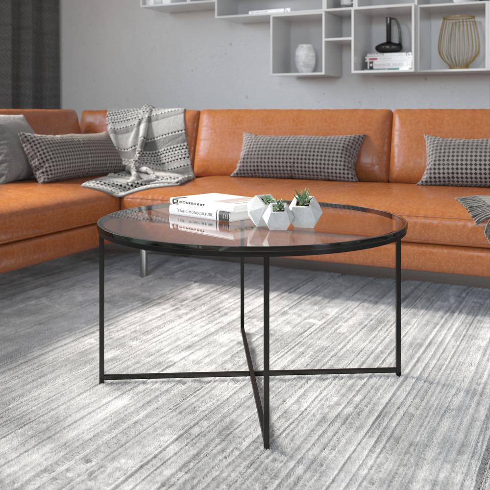 Coffee Table - Modern Clear Glass Accent Table with Crisscross Matte Black Frame. Picture 2
