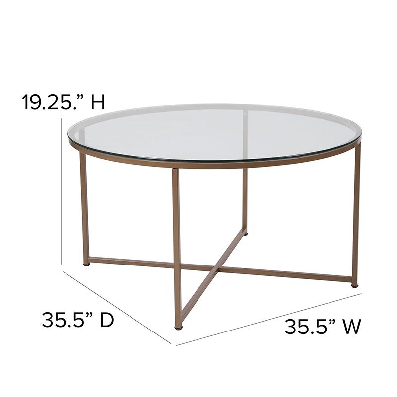Coffee Table - Clear Glass Accent Table with Crisscross Brushed Gold Frame. Picture 5