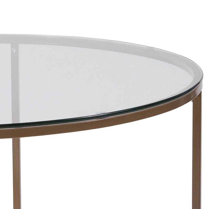 Coffee Table - Clear Glass Accent Table with Crisscross Brushed Gold Frame. Picture 7