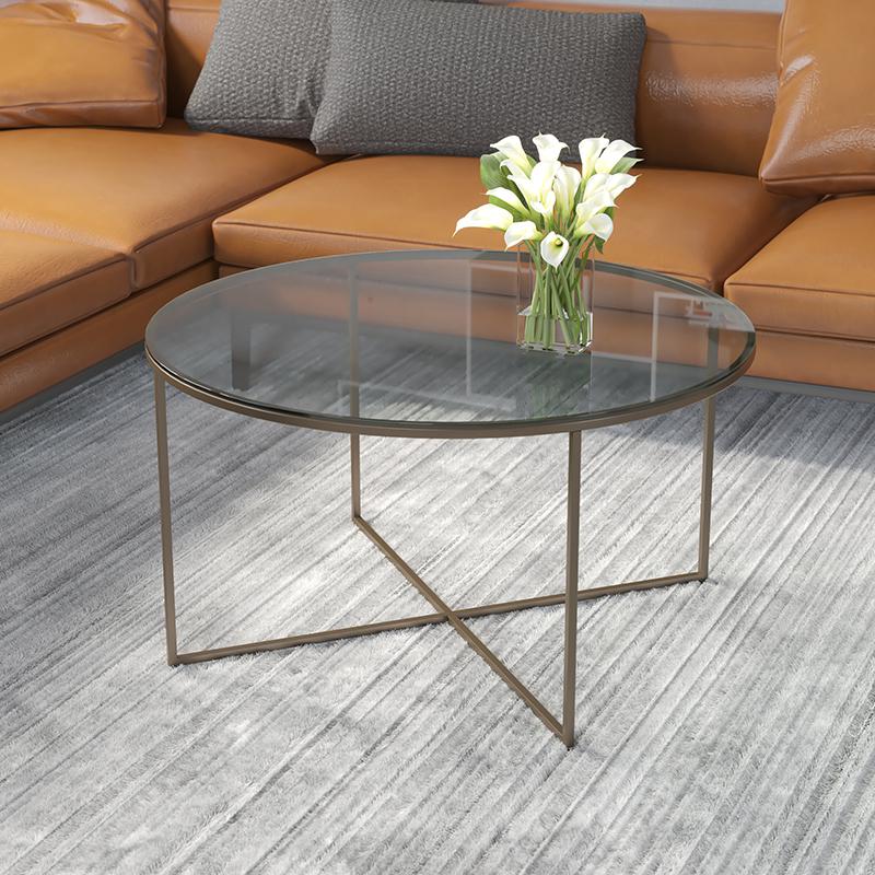 Coffee Table - Clear Glass Accent Table with Crisscross Brushed Gold Frame. Picture 1