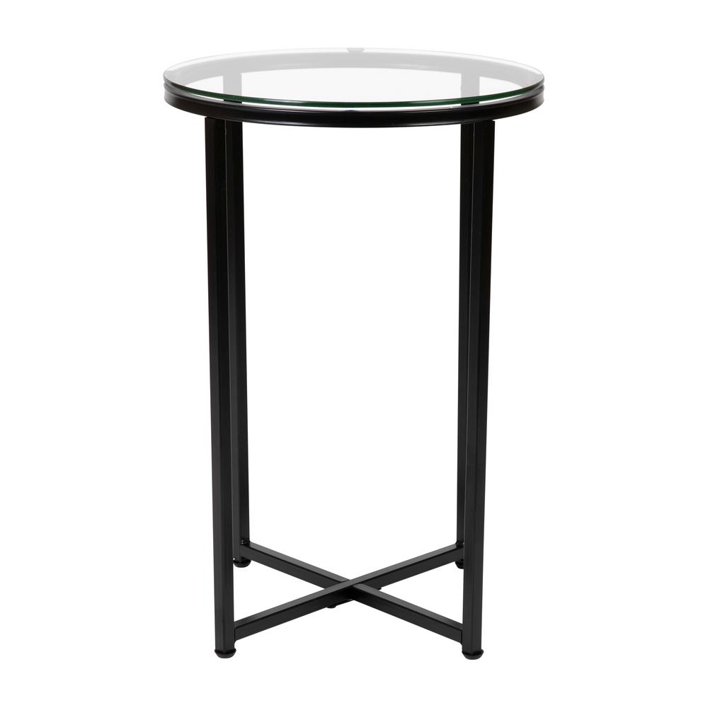 End Table - Modern Clear Glass Accent Table with Crisscross Matte Black Frame. Picture 1