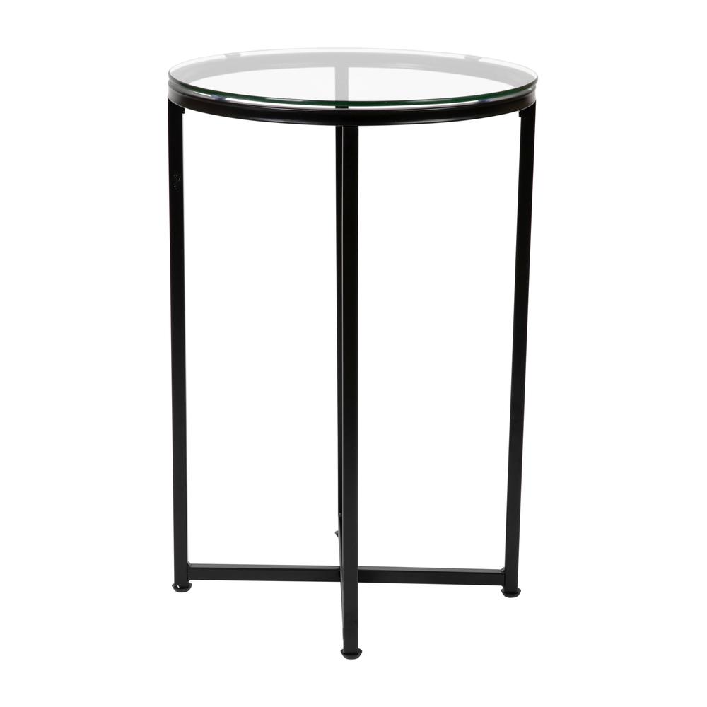 End Table - Modern Clear Glass Accent Table with Crisscross Matte Black Frame. Picture 8