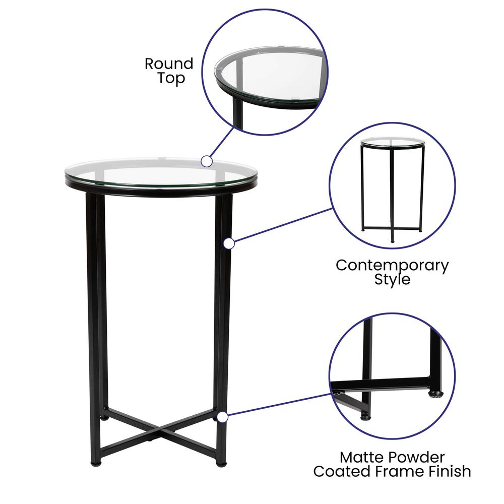 End Table - Modern Clear Glass Accent Table with Crisscross Matte Black Frame. Picture 5