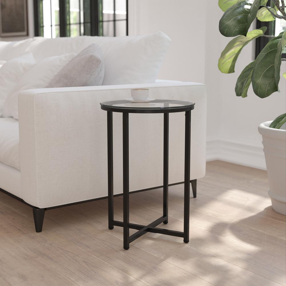 End Table - Modern Clear Glass Accent Table with Crisscross Matte Black Frame. Picture 2