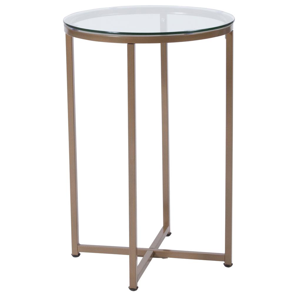 End Table - Modern Clear Glass Accent Table with Crisscross Brushed Gold Frame. Picture 1