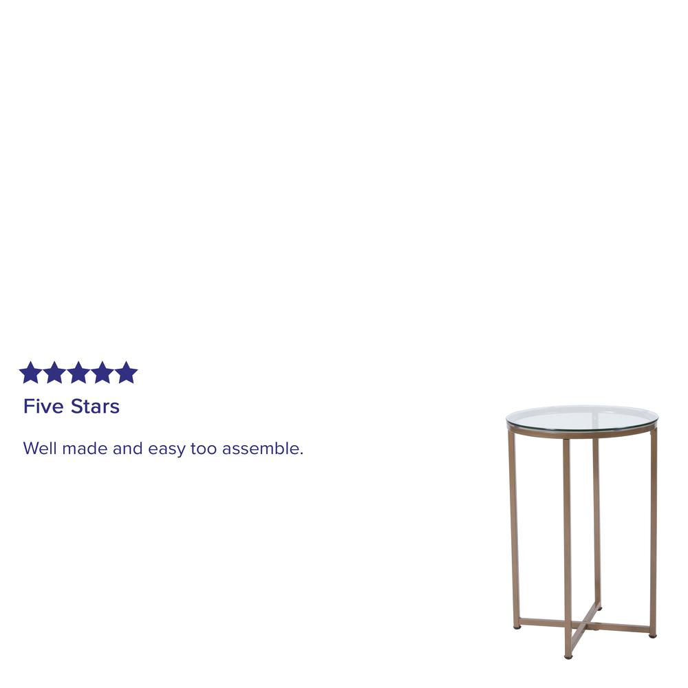 End Table - Modern Clear Glass Accent Table with Crisscross Brushed Gold Frame. Picture 3