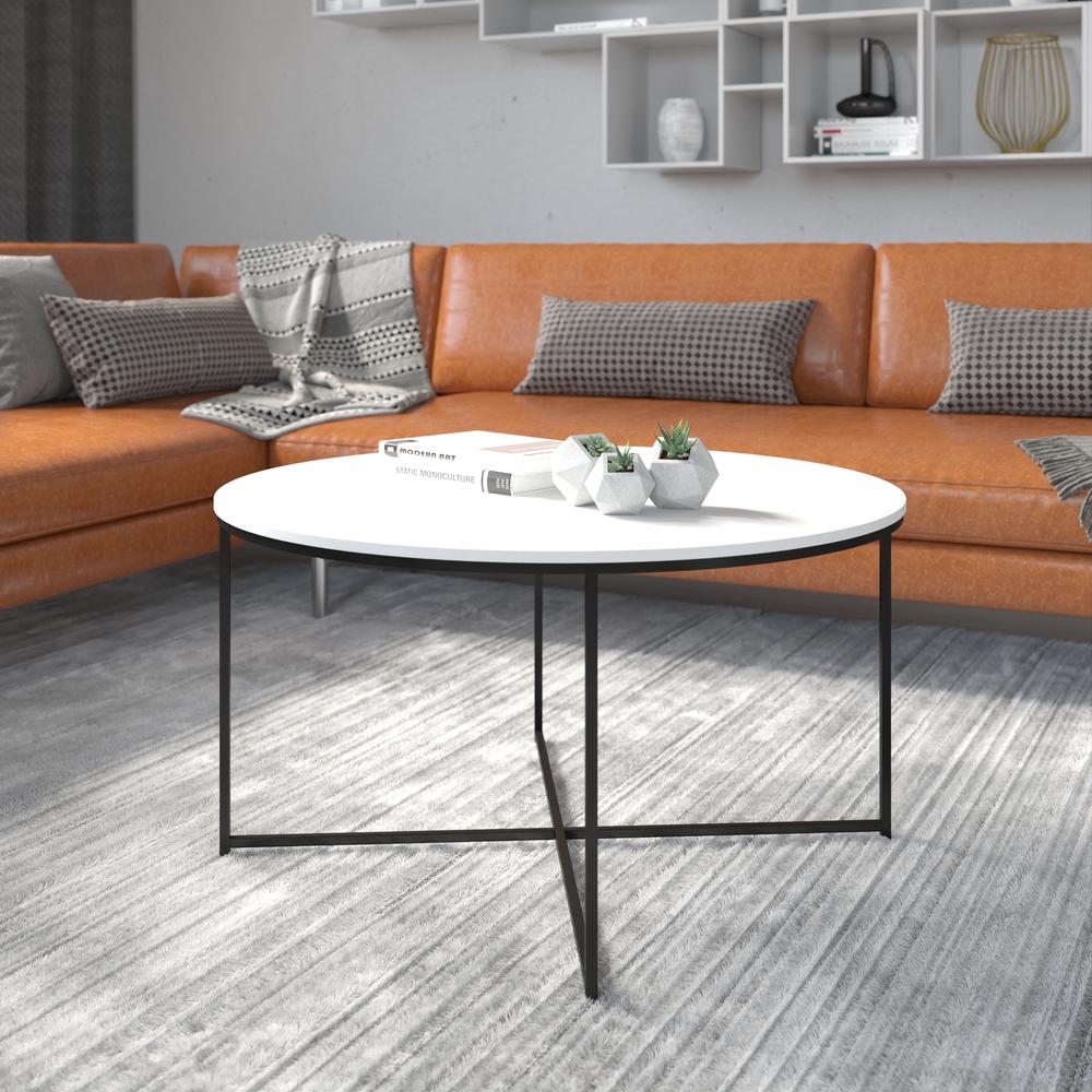 Coffee Table - White Finish Accent Table with Crisscross Matte Black Frame. Picture 2