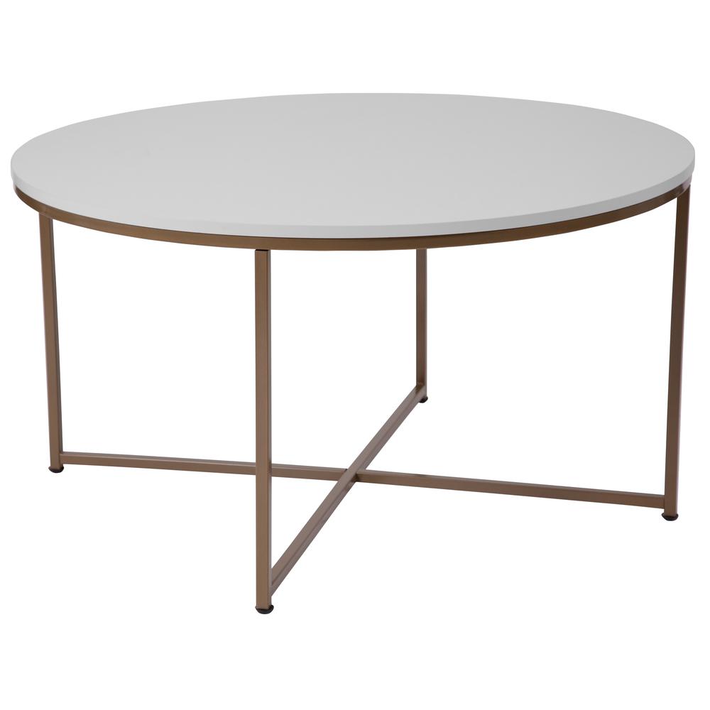 Coffee Table - Modern White Finish Accent Table with Crisscross Brushed Gold Frame. Picture 1