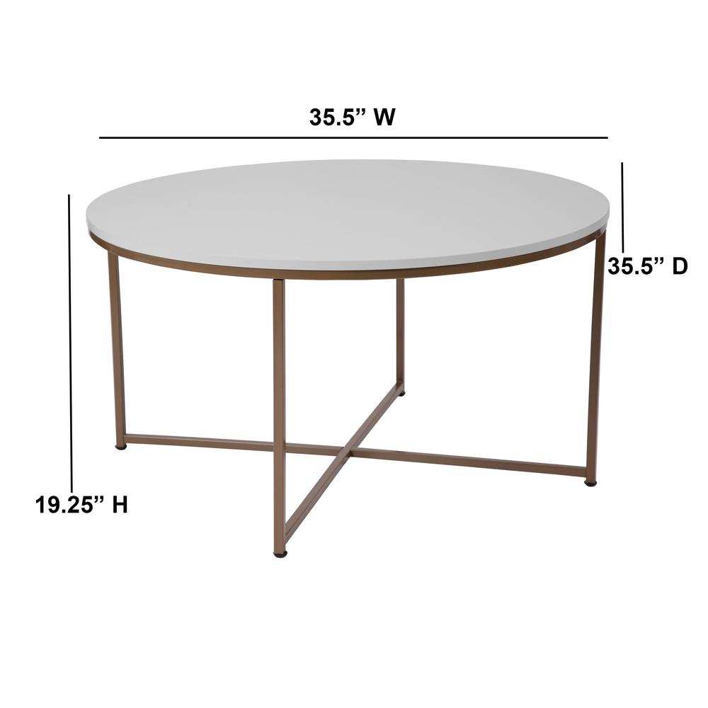 Coffee Table - Modern White Finish Accent Table with Crisscross Brushed Gold Frame. Picture 2