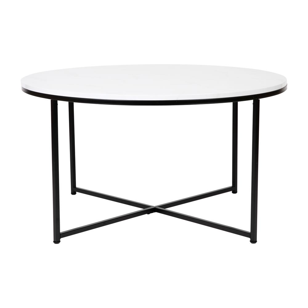 Coffee Table - White Marble Finish Accent Table with Matte Black Frame. Picture 1
