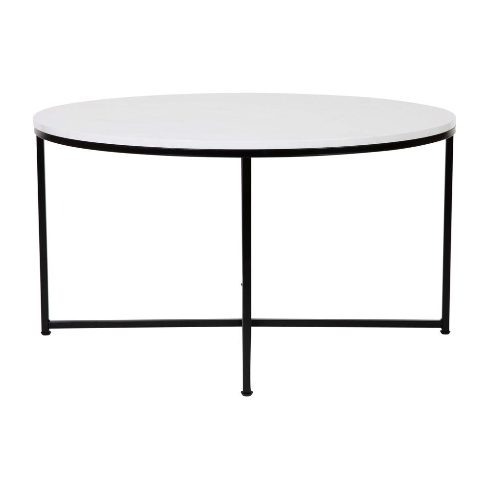 Coffee Table - White Marble Finish Accent Table with Matte Black Frame. Picture 7