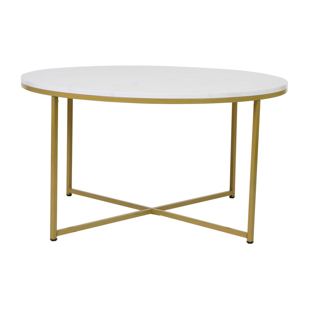 Coffee Table - White Marble Finish Accent Table with Brushed Gold Frame. Picture 1