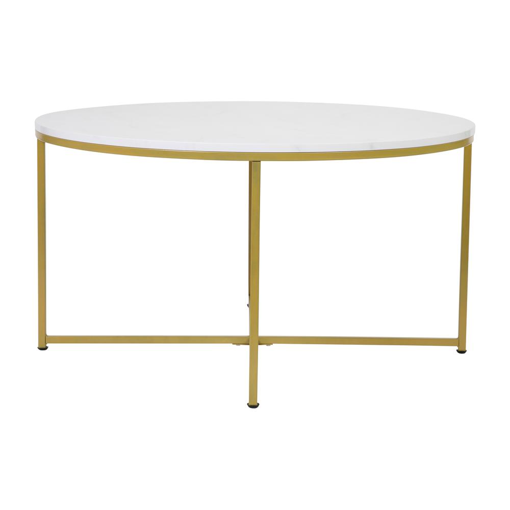 Coffee Table - White Marble Finish Accent Table with Brushed Gold Frame. Picture 7