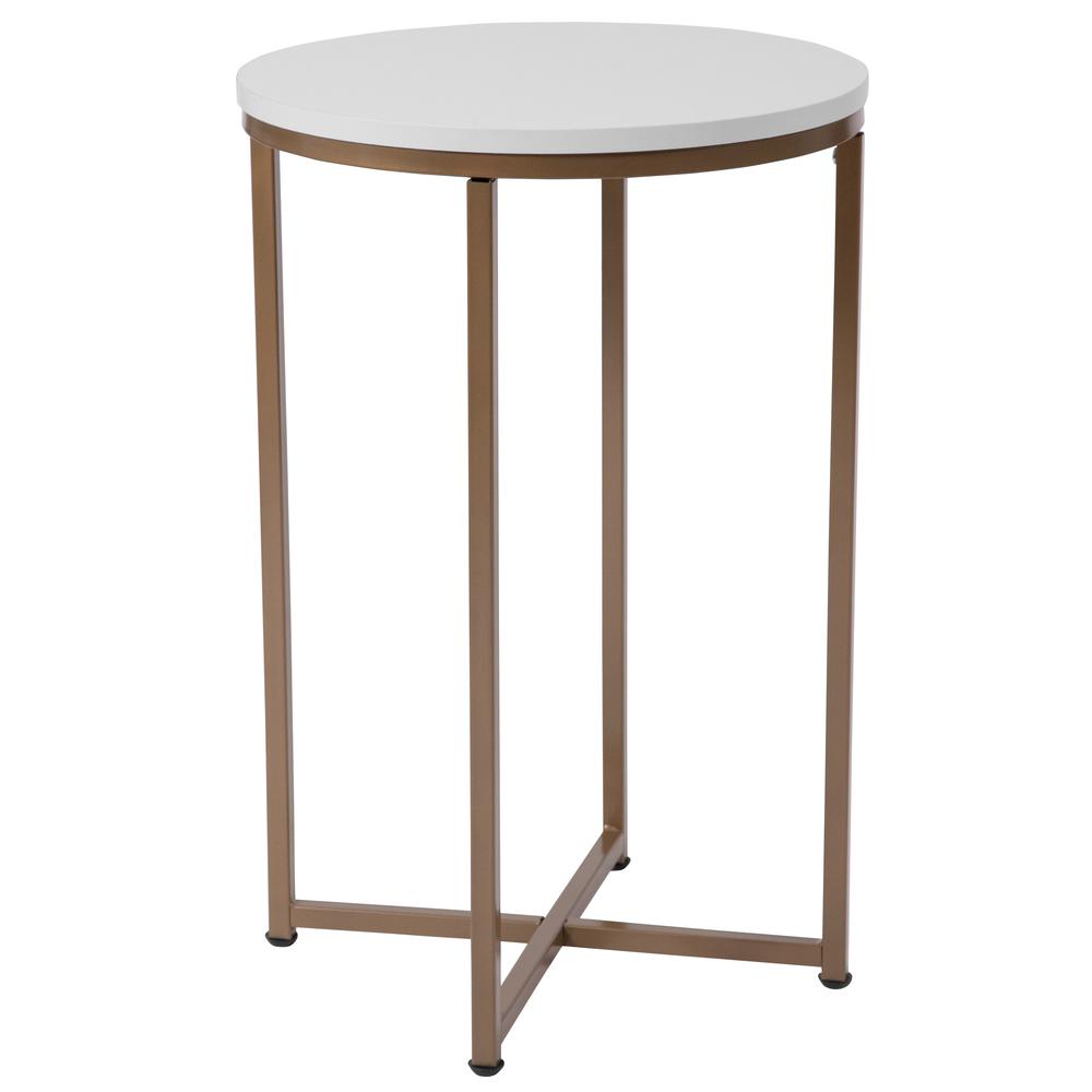 End Table - Modern White Finish Accent Table with Crisscross Brushed Gold Frame. Picture 1