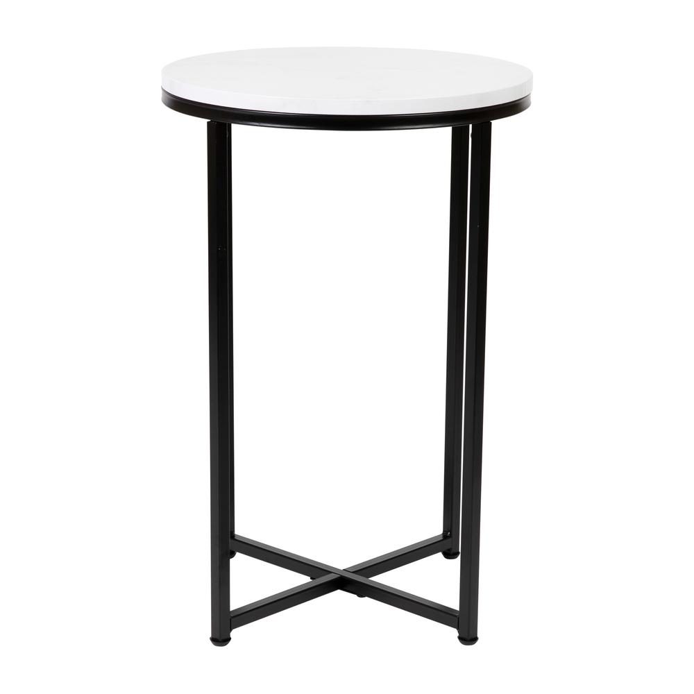 End Table - White Marble Finish Accent Table with Crisscross Matte Black Frame. Picture 1