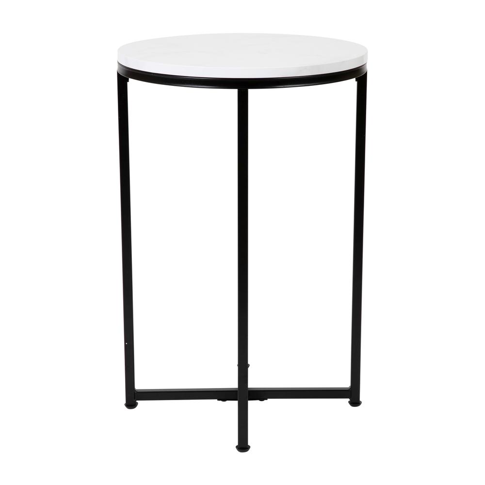 End Table - White Marble Finish Accent Table with Crisscross Matte Black Frame. Picture 7