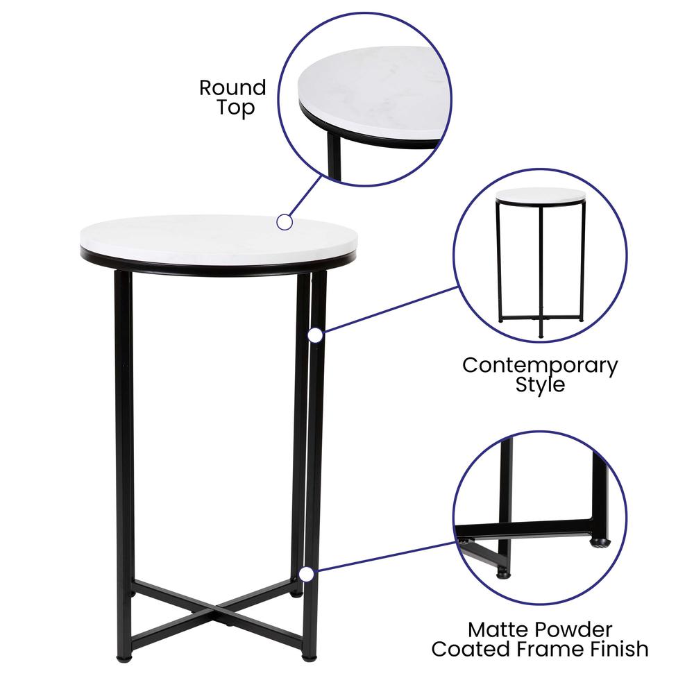 End Table - White Marble Finish Accent Table with Crisscross Matte Black Frame. Picture 4