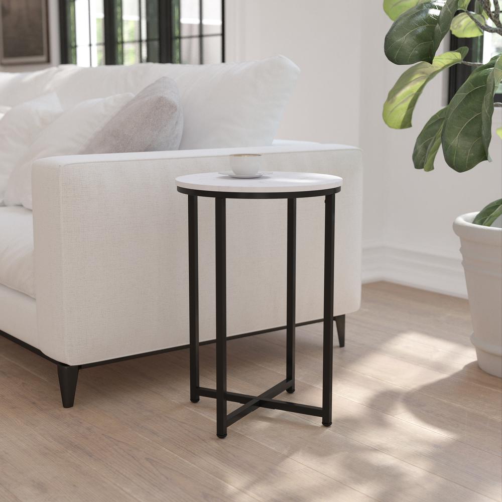 End Table - White Marble Finish Accent Table with Crisscross Matte Black Frame. Picture 2