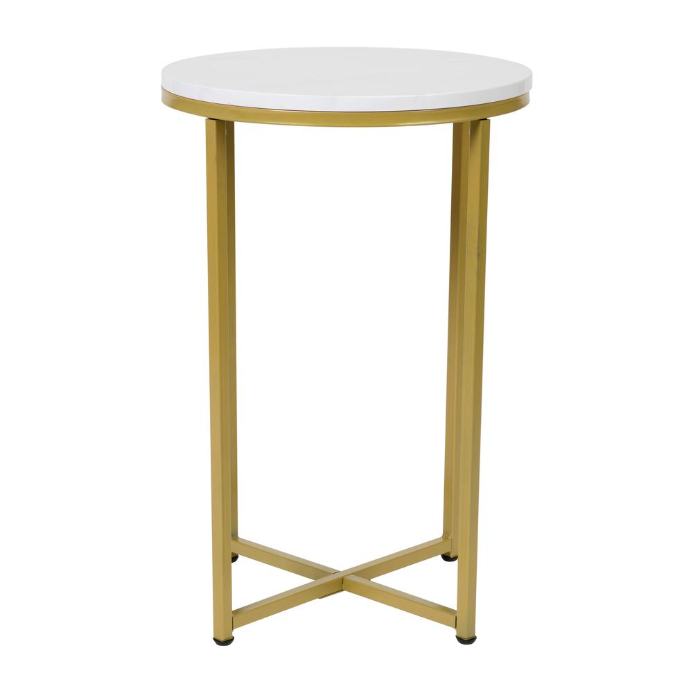 End Table - White Marble Finish Accent Table with Crisscross Brushed Gold Frame. Picture 1