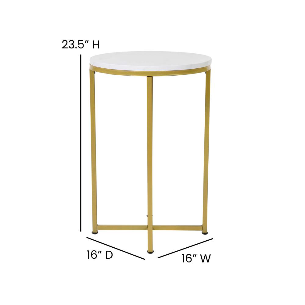 End Table - White Marble Finish Accent Table with Crisscross Brushed Gold Frame. Picture 5
