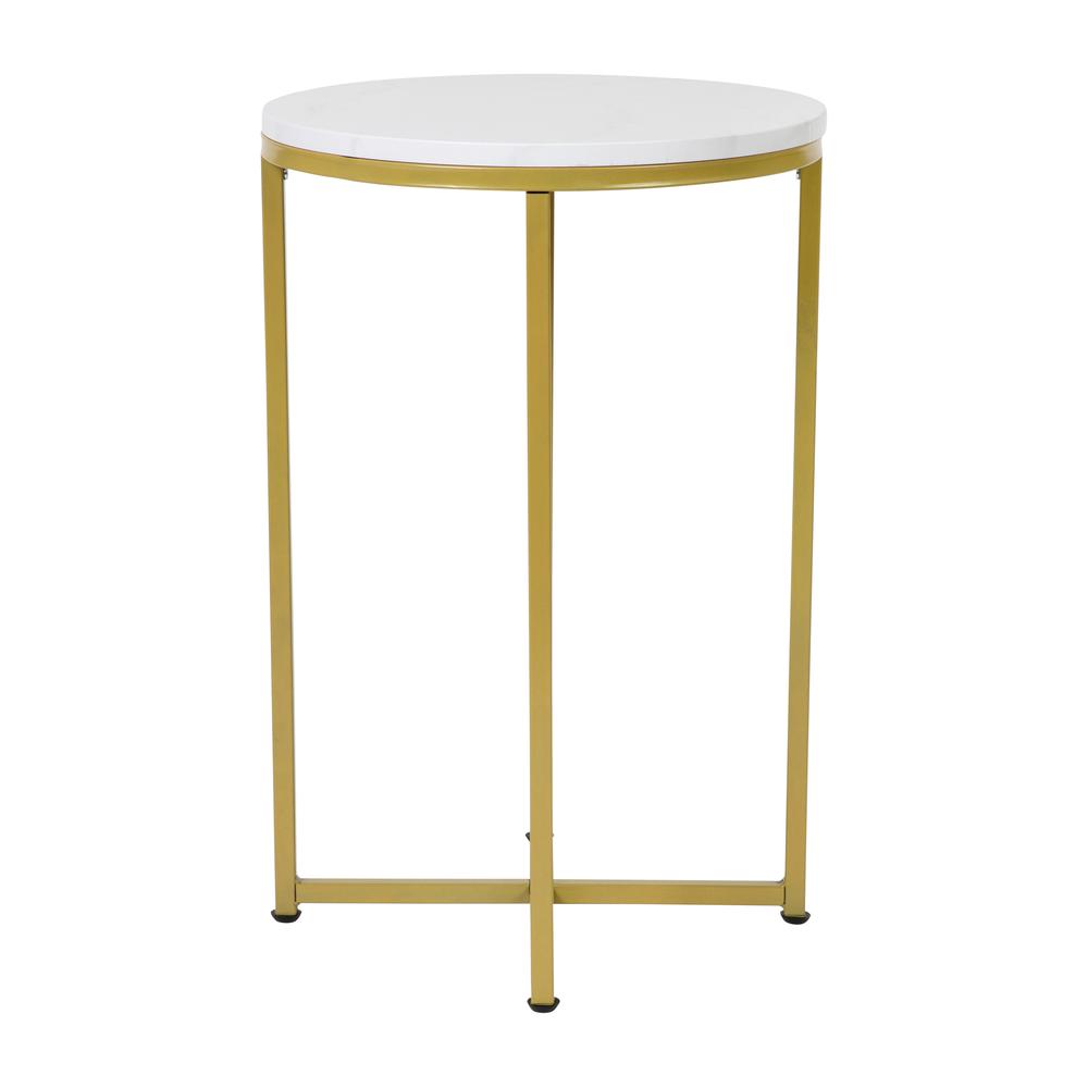 End Table - White Marble Finish Accent Table with Crisscross Brushed Gold Frame. Picture 7