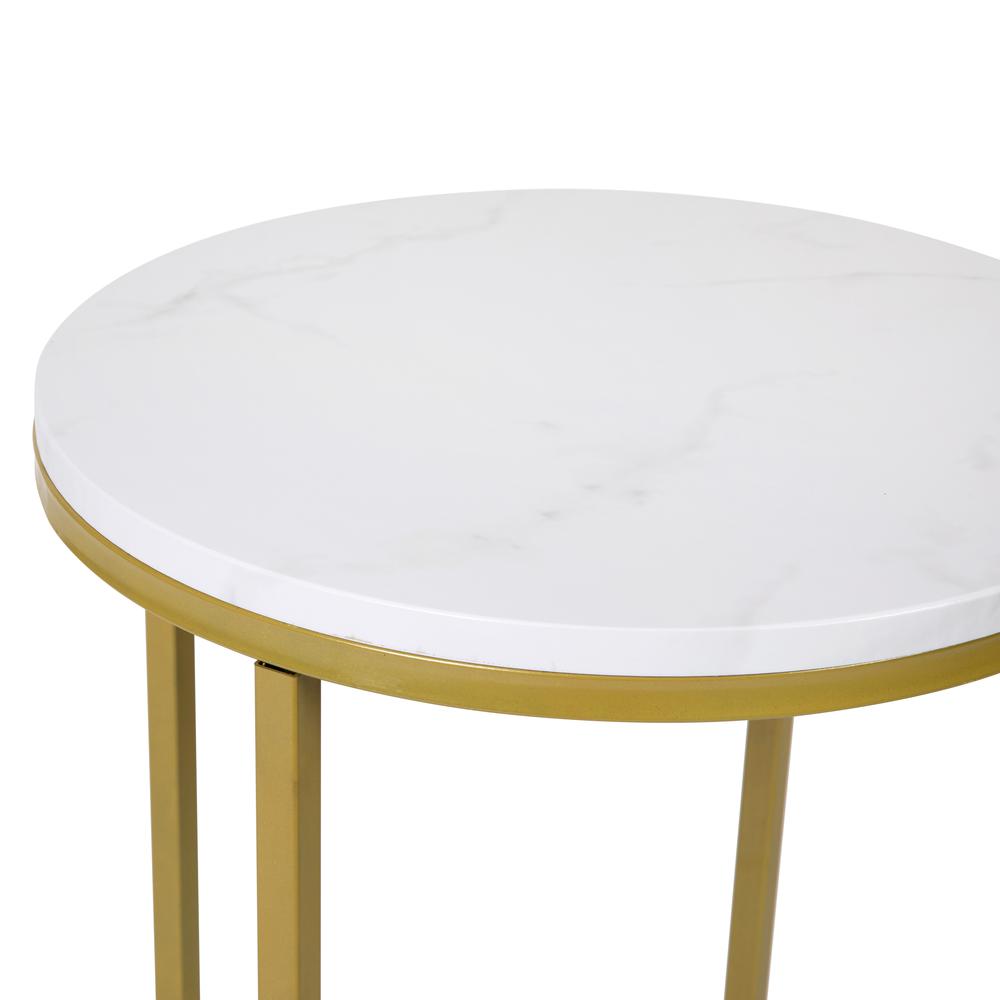 End Table - White Marble Finish Accent Table with Crisscross Brushed Gold Frame. Picture 6