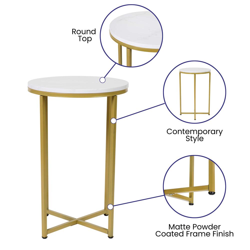 End Table - White Marble Finish Accent Table with Crisscross Brushed Gold Frame. Picture 4
