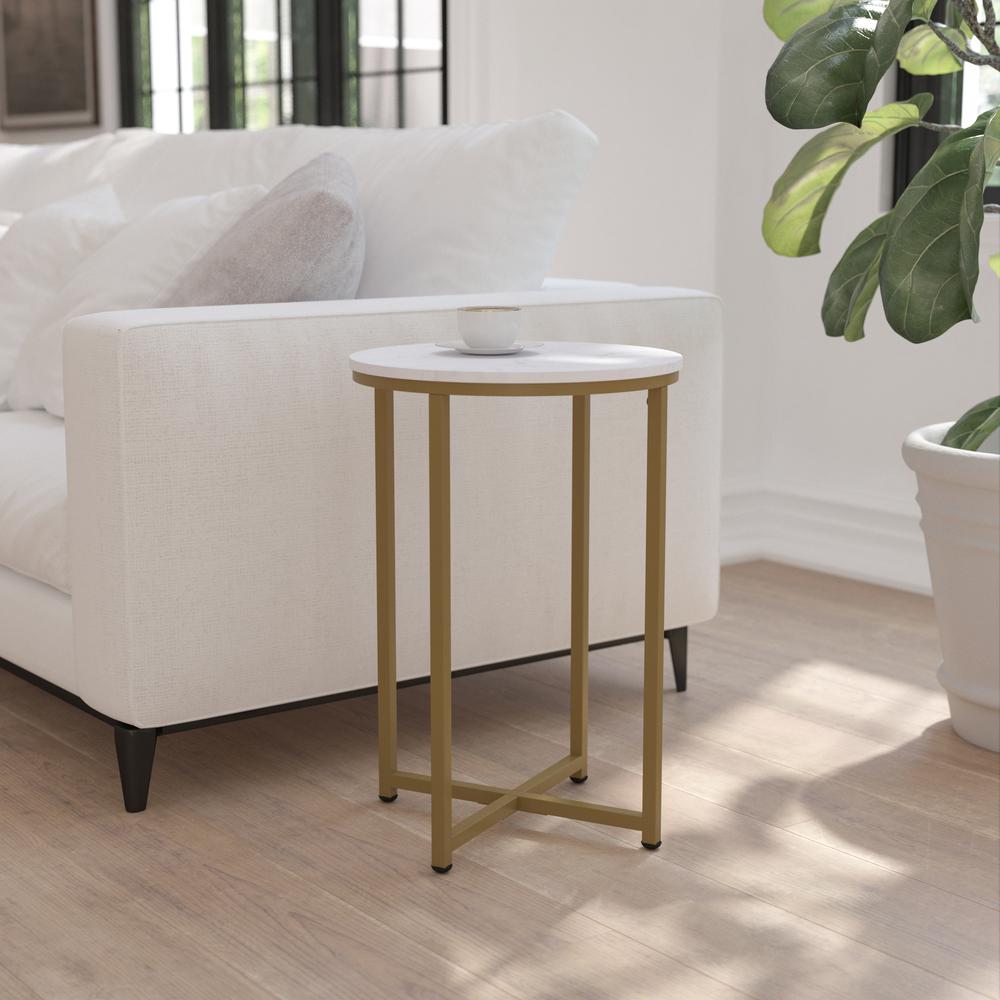 End Table - White Marble Finish Accent Table with Crisscross Brushed Gold Frame. Picture 2