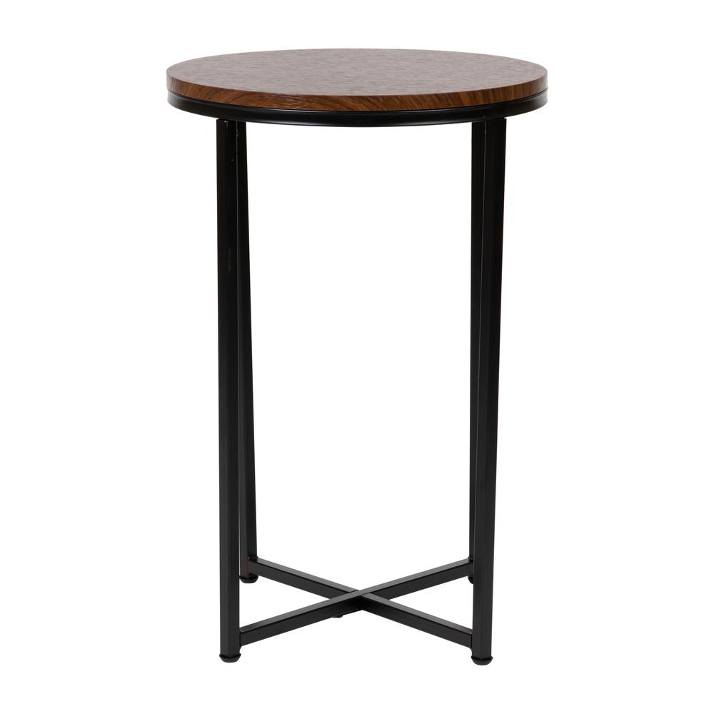End Table - Modern Walnut Finish Accent Table with Crisscross Matte Black Frame. Picture 1