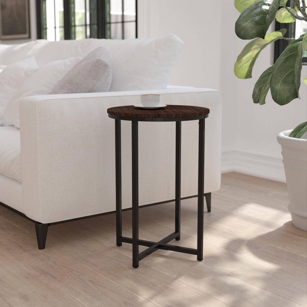 End Table - Modern Walnut Finish Accent Table with Crisscross Matte Black Frame. Picture 2