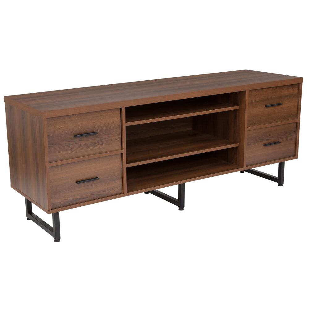 Three Shelf and Four Drawer TV Stand in Rustic Wood Grain Finish. Picture 1