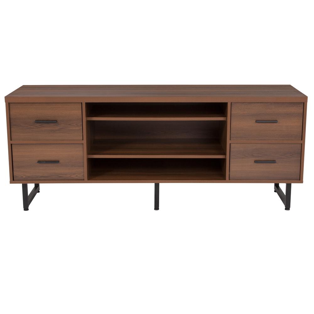 Three Shelf and Four Drawer TV Stand in Rustic Wood Grain Finish. Picture 2