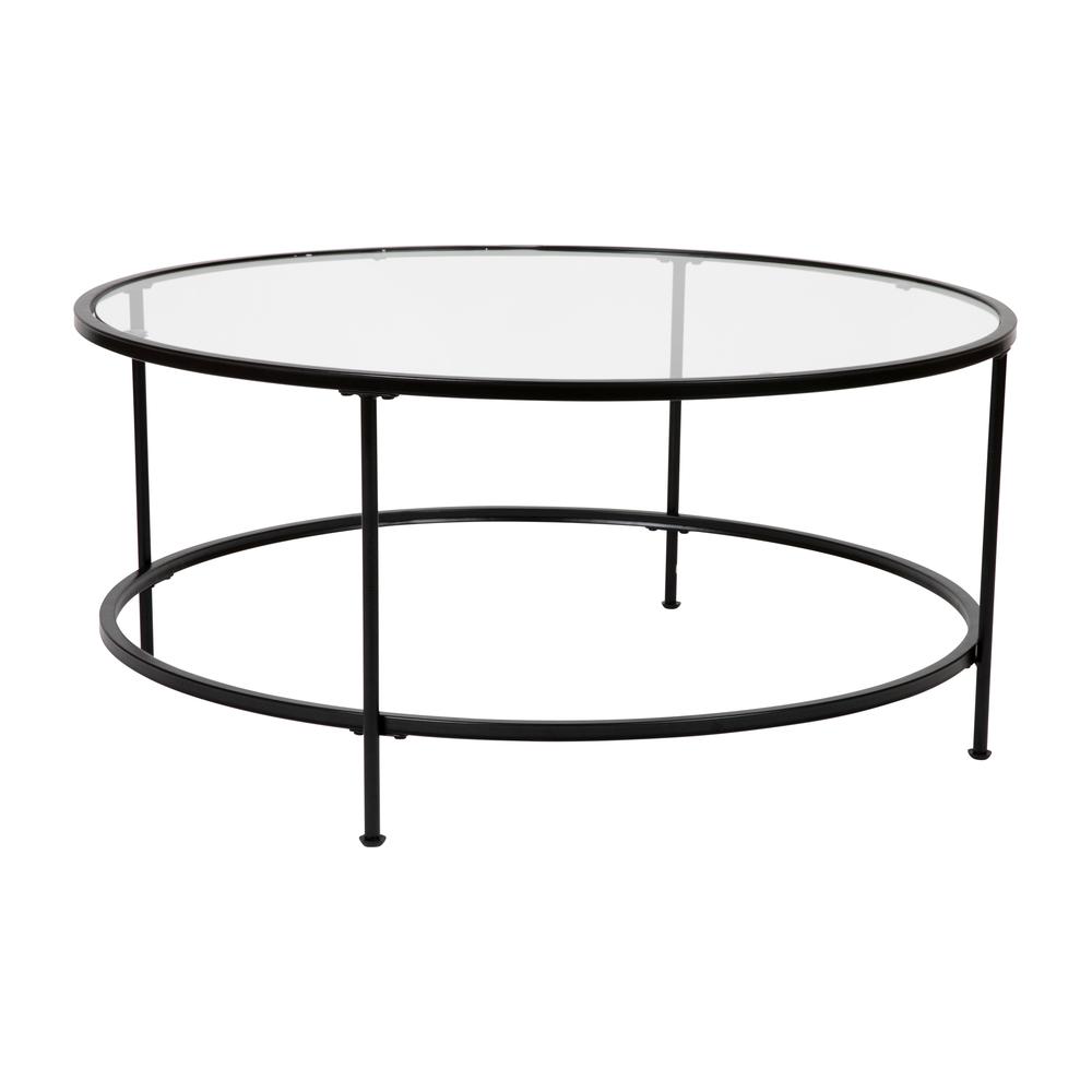 Round Coffee Table - Modern Clear Glass Coffee Table with Matte Black Frame. Picture 1