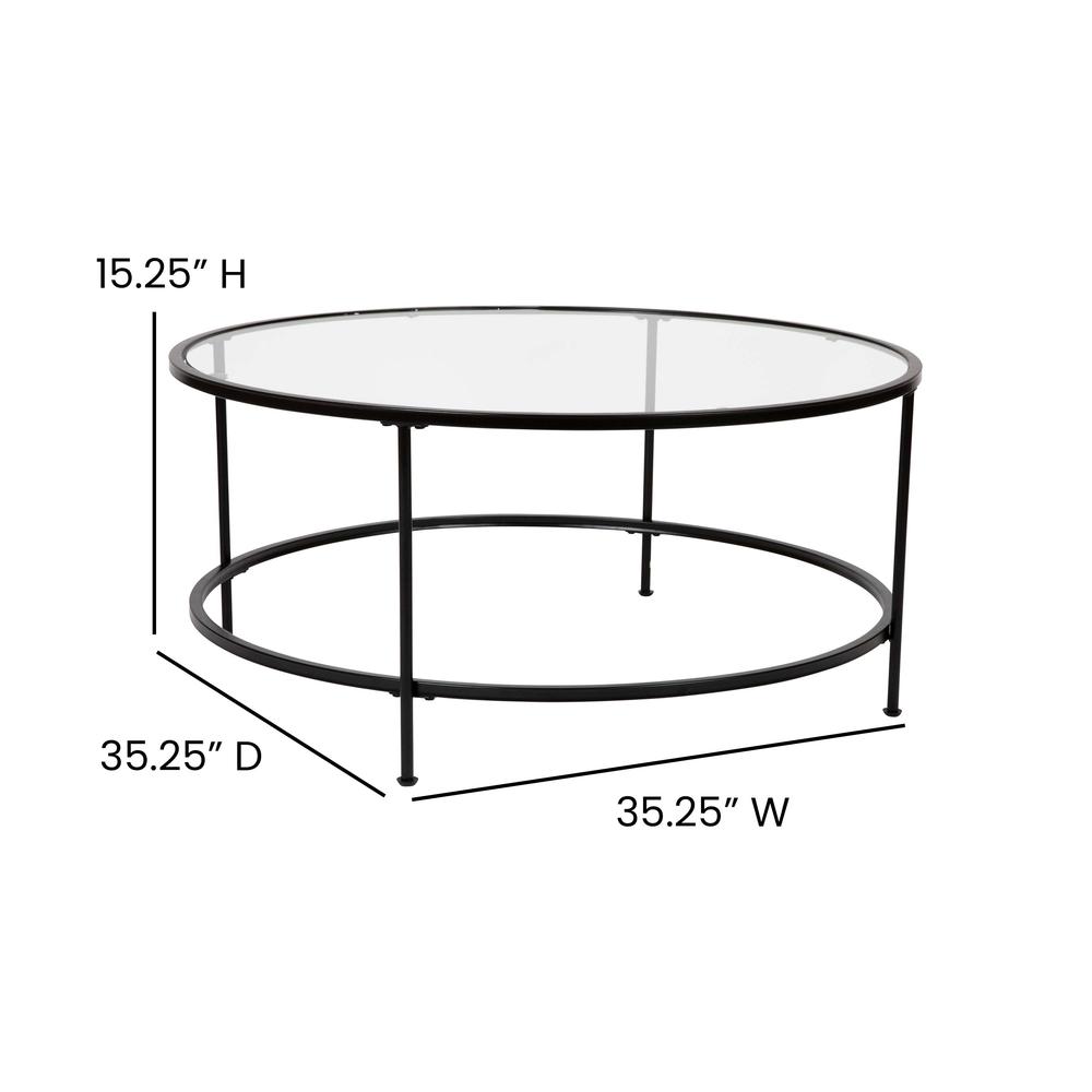 Round Coffee Table - Modern Clear Glass Coffee Table with Matte Black Frame. Picture 6