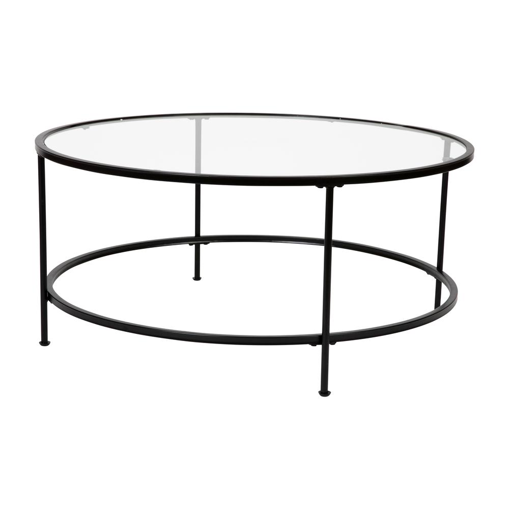 Round Coffee Table - Modern Clear Glass Coffee Table with Matte Black Frame. Picture 8