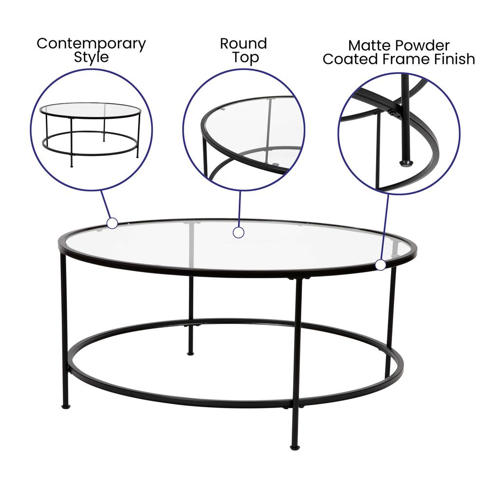 Round Coffee Table - Modern Clear Glass Coffee Table with Matte Black Frame. Picture 5