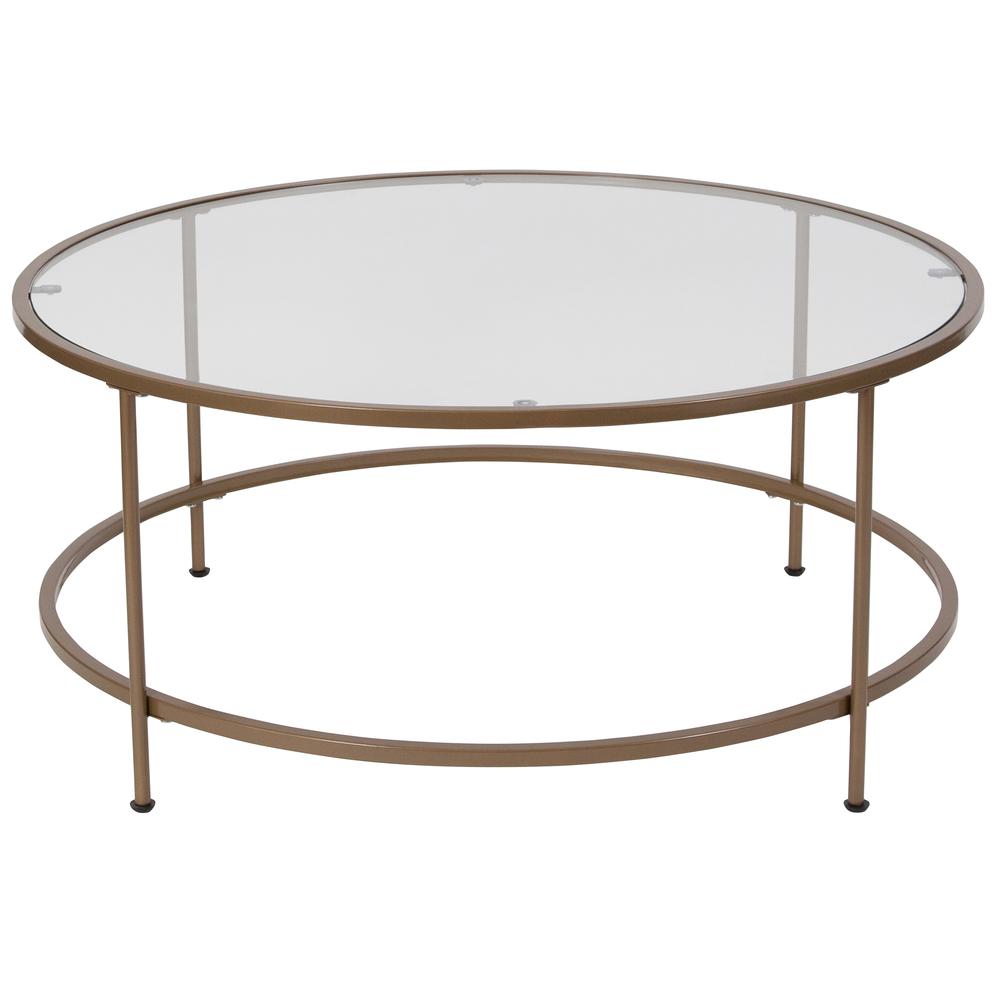 Round Coffee Table - Modern Clear Glass Coffee Table with Brushed Gold Frame. Picture 1