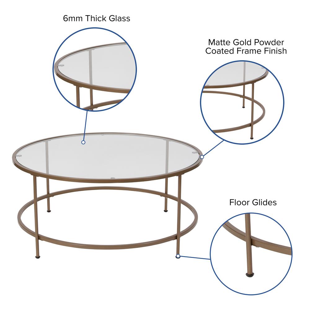 Round Coffee Table - Modern Clear Glass Coffee Table with Brushed Gold Frame. Picture 3