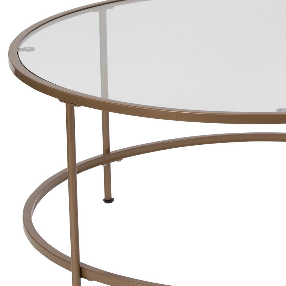Round Coffee Table - Modern Clear Glass Coffee Table with Brushed Gold Frame. Picture 4
