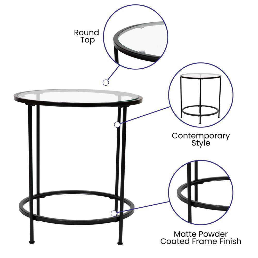 Round End Table - Modern Clear Glass Accent Table with Matte Black Frame. Picture 5