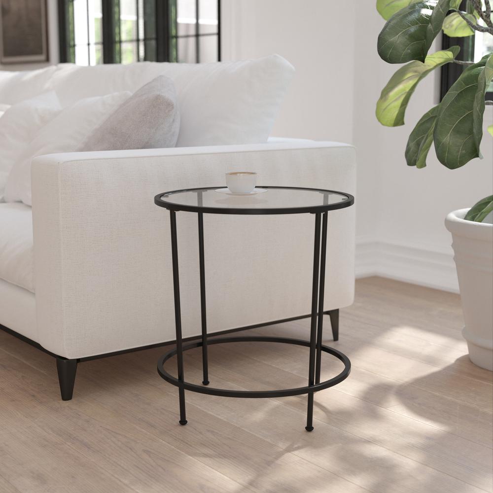 Round End Table - Modern Clear Glass Accent Table with Matte Black Frame. Picture 2