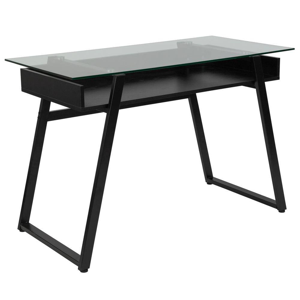 Glass Computer Desk with Shelf and Black Metal Legs. The main picture.