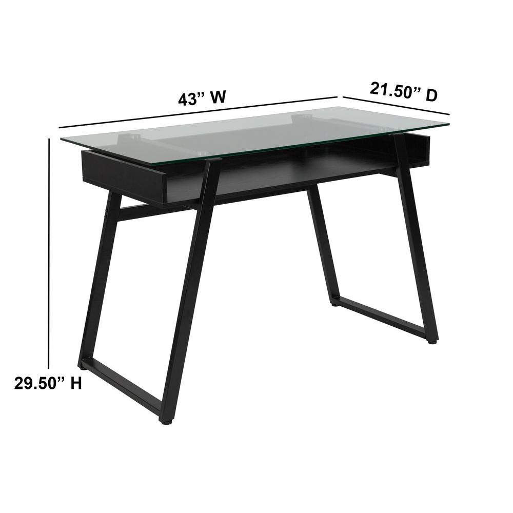 Glass Computer Desk with Shelf and Black Metal Legs. Picture 2