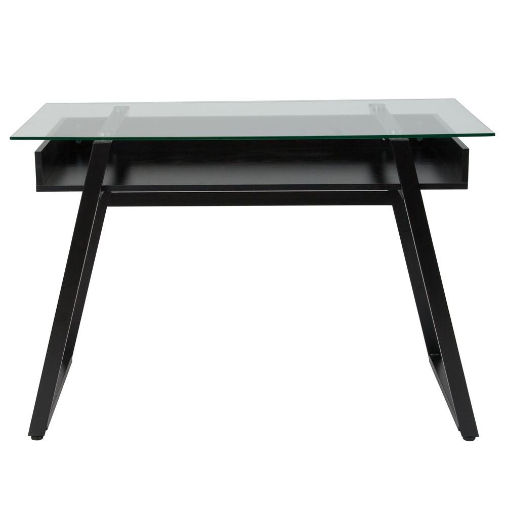 Glass Computer Desk with Shelf and Black Metal Legs. Picture 3