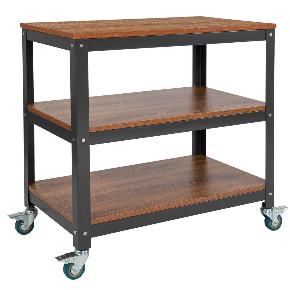 30"W Rolling Storage Cart with Metal Wheels in Brown Oak Wood Grain Finish. Picture 1