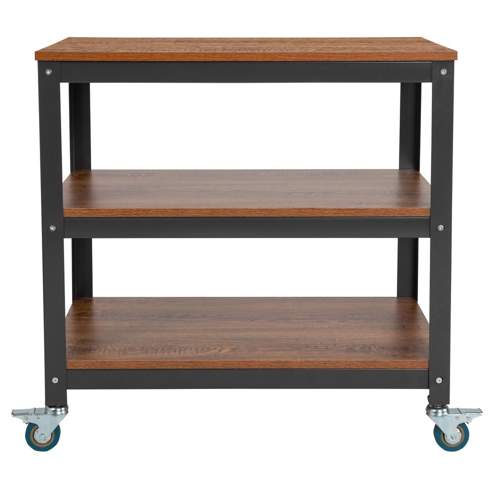 30"W Rolling Storage Cart with Metal Wheels in Brown Oak Wood Grain Finish. Picture 2